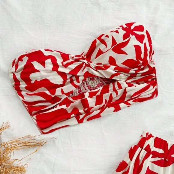 Red Boho Women's Holiday Floral Printed Strapless Skirt And Crop Top - Picture 2 of 4